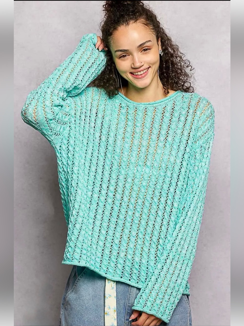 New: POL “Sparkle On” Mint Teal Open Knit Lightweight Flared Sleeve Sweater• S